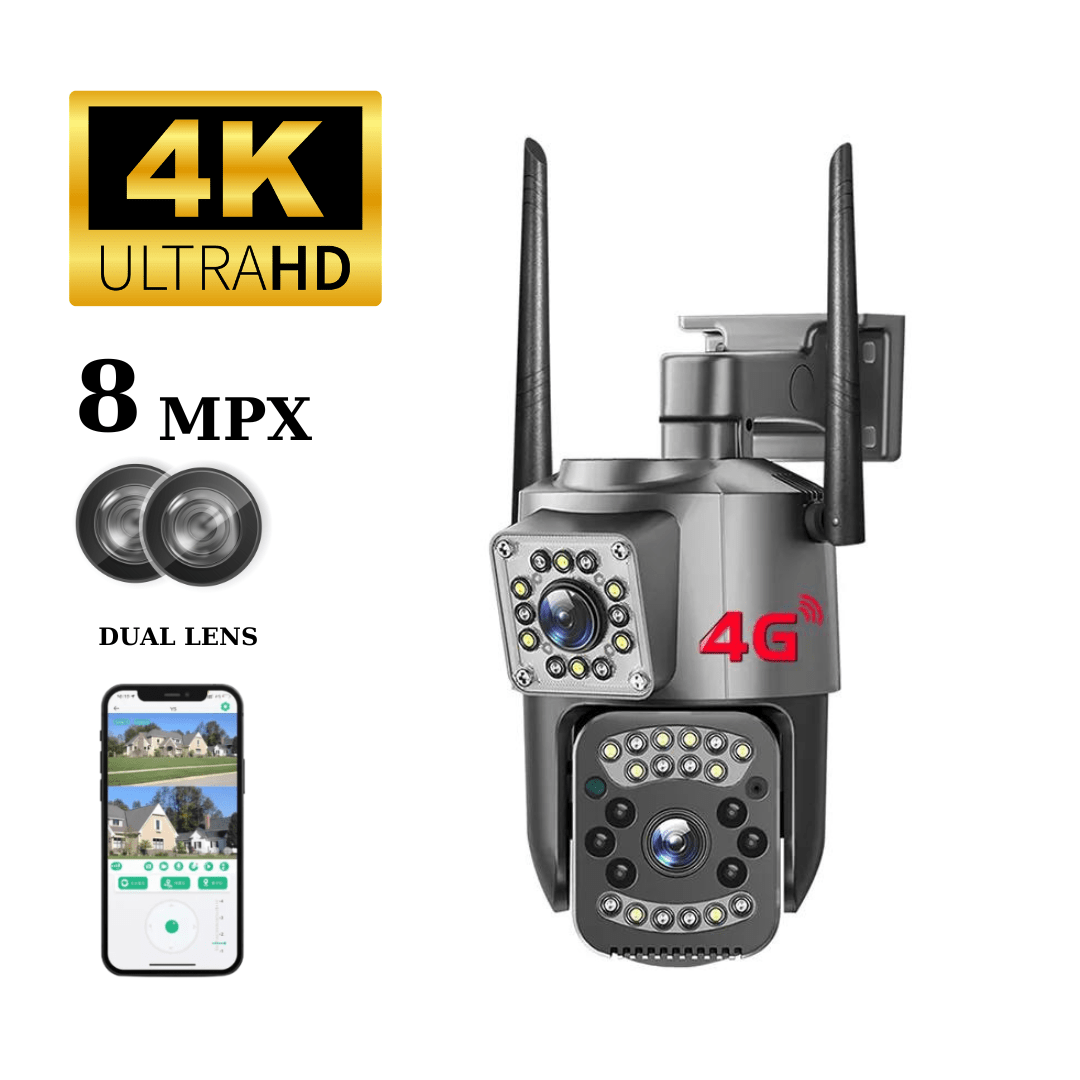 Camera de supraveghere 4G Taggo, 4K, 8MP, cu 2 lentile, control din aplicație și rezistență IP66 pentru exterior.