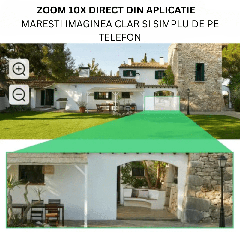 Camera de supraveghere WIFI Taggo cu zoom 10X, rezoluție 4K, detectie umană și urmarire automată, IP66, cu 3 ecrane.