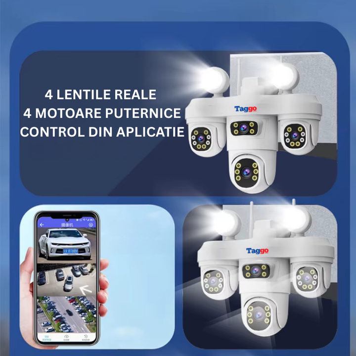 Camera Supraveghere WiFi cu 4 Lentile, 16MP, Viziune Color Noapte, Audio Bidirectional, IP65, Detectie si Urmarire Umana - Taggo.ro