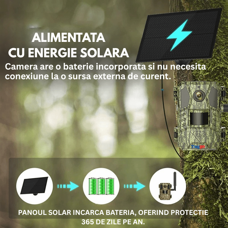 Camera de supraveghere solară 4G Taggo, 16MP foto, 4MP video, panou solar 4W, detectie mișcare și audio bidirecțional, IP66