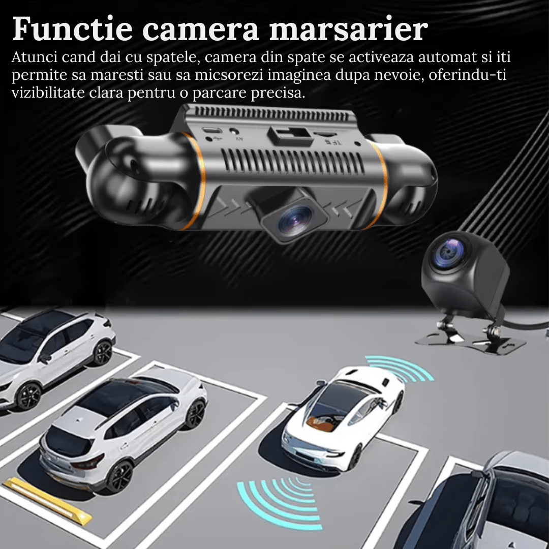 Camera auto Crocodil Taggo.ro cu 4 lentile, vedere nocturnă și înregistrare în buclă pentru monitorizare 360°.