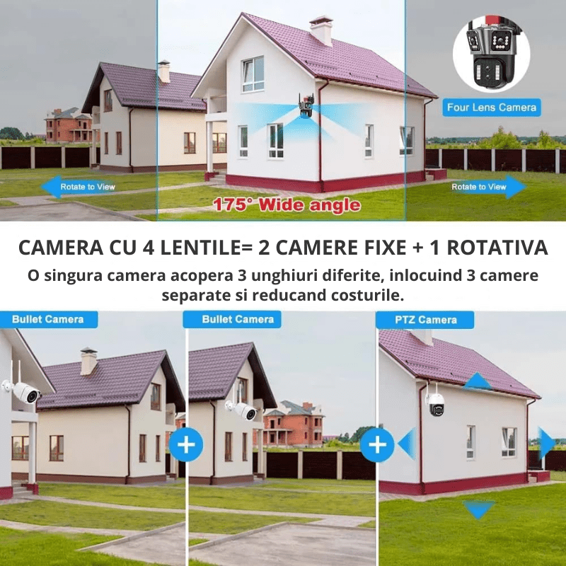 Camera de supraveghere Taggo cu zoom 10X, WIFI 8K, 16MP, 4 lentile, control din aplicație și urmărire automată.