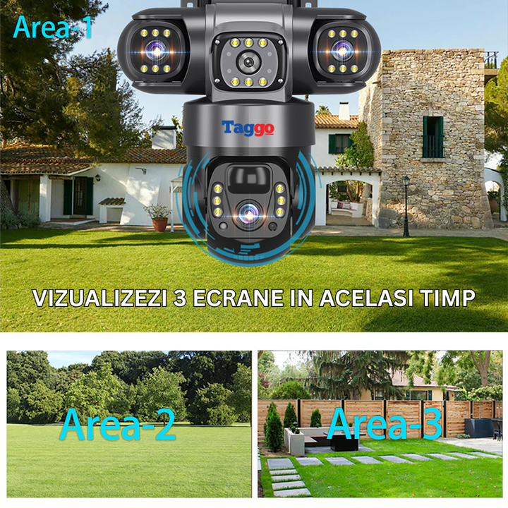 Camera Supraveghere cu Panou Solar, Conexiune 4G Cartela SIM, 9MP, 3 Lentile, Comunicare Bidirectionala - Taggo.ro