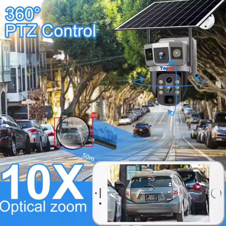 Camera Supraveghere Solara 4G 4K Ultra HD, Zoom 10X, Panou 10W, Rotire Din Aplicatie, Rezistenta La Apa IP 66 - Taggo.ro