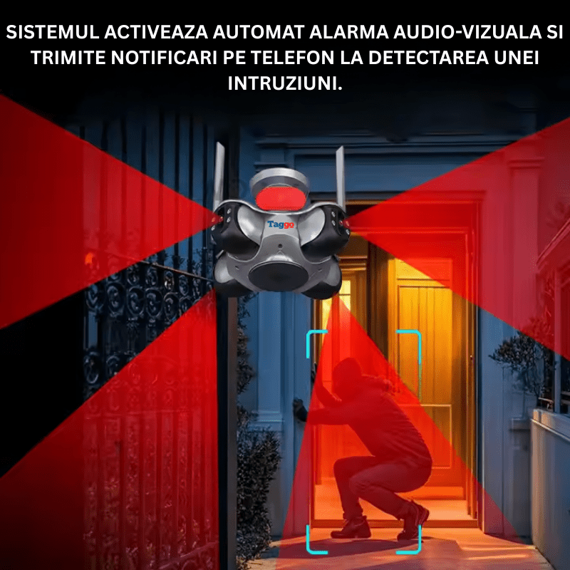 Camera de supraveghere WiFi 8K Taggo cu 4 lentile PTZ, detectie miscare, alarmă sonoră și comunicare bidirecțională, IP66