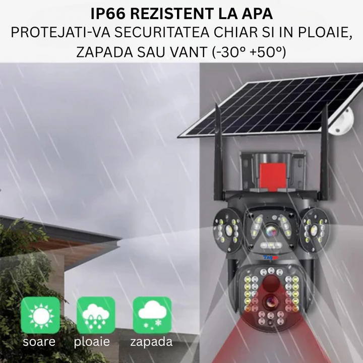 Camera Supraveghere 12MP 4G cu panou solar 10W, Multi-Lentile 3x4MP, Zoom optic 10X, 12xLED IR + 12xLED Alb, IP66 - Taggo.ro