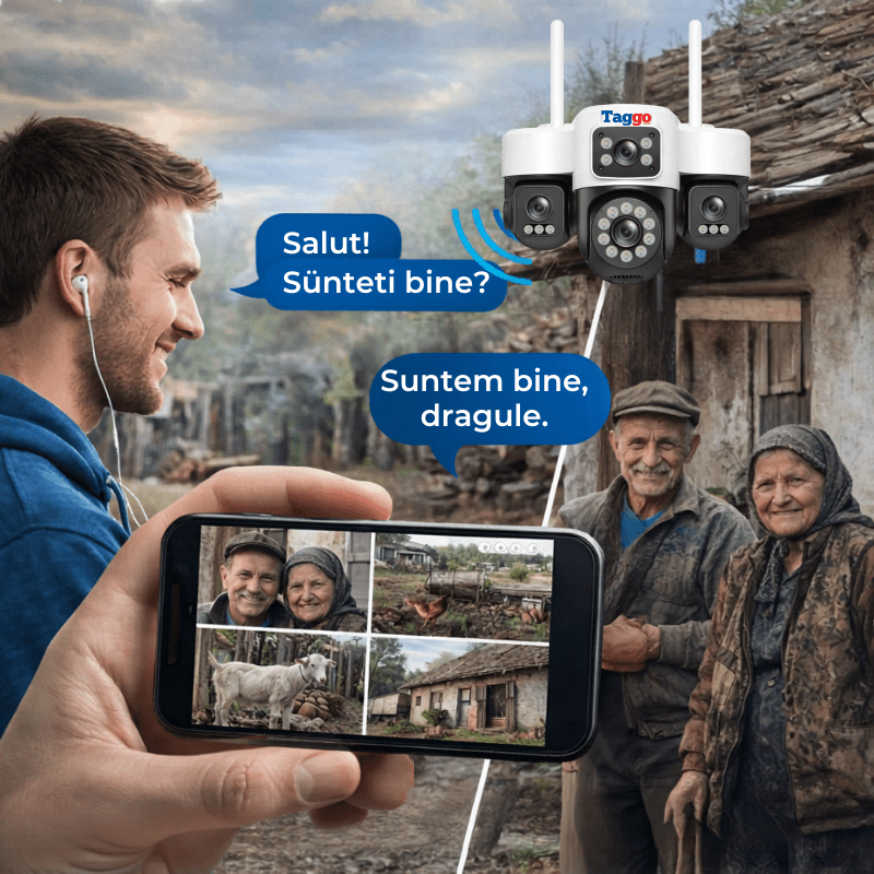 Camera de Supraveghere Cu 4 lentile, 16MP, Conexiune WIFI, Night Vision Full Color si Detectie Miscare, IP66 - Taggo.ro