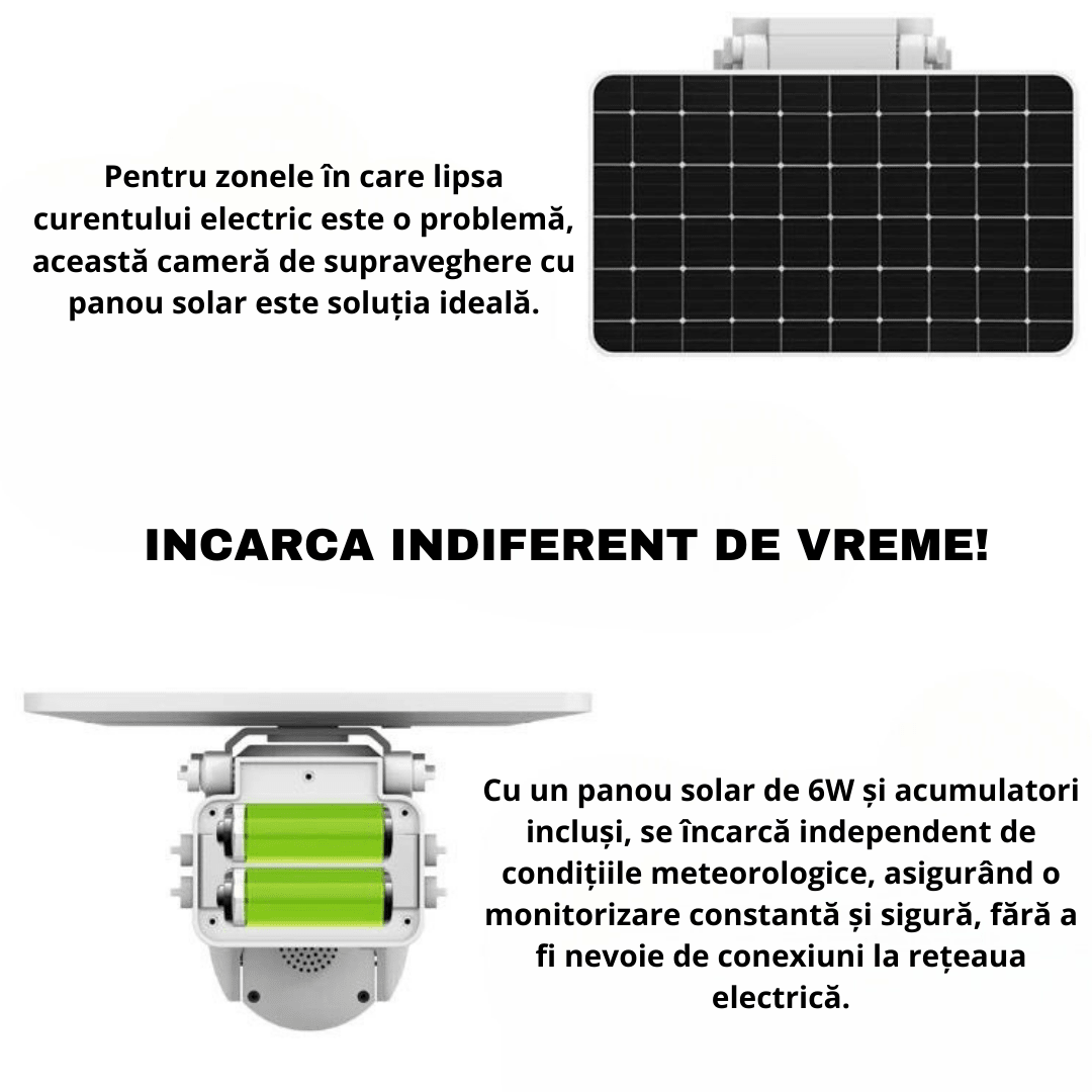 Camera de supraveghere solară 4G cu cartele SIM, 5MP, panou solar și control din aplicație, rezistentă la apă.