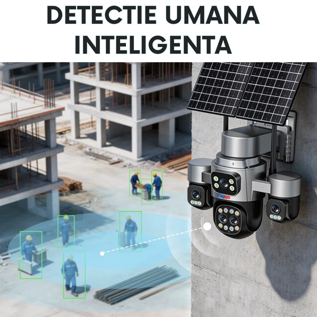 Camera de supraveghere 4G cu dublu panou solar 18X ZOOM, 20MP, 5 lentile, functie AOV, comunicare bidirectionala, detectie umana AI