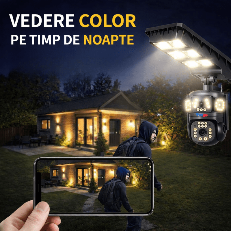 Lampa Stradala cu Camera 4G/ eSIM, 8MP, Inregistrare Continua 24/7 AOV, Viziune Color pe timp de noapte - Taggo.ro