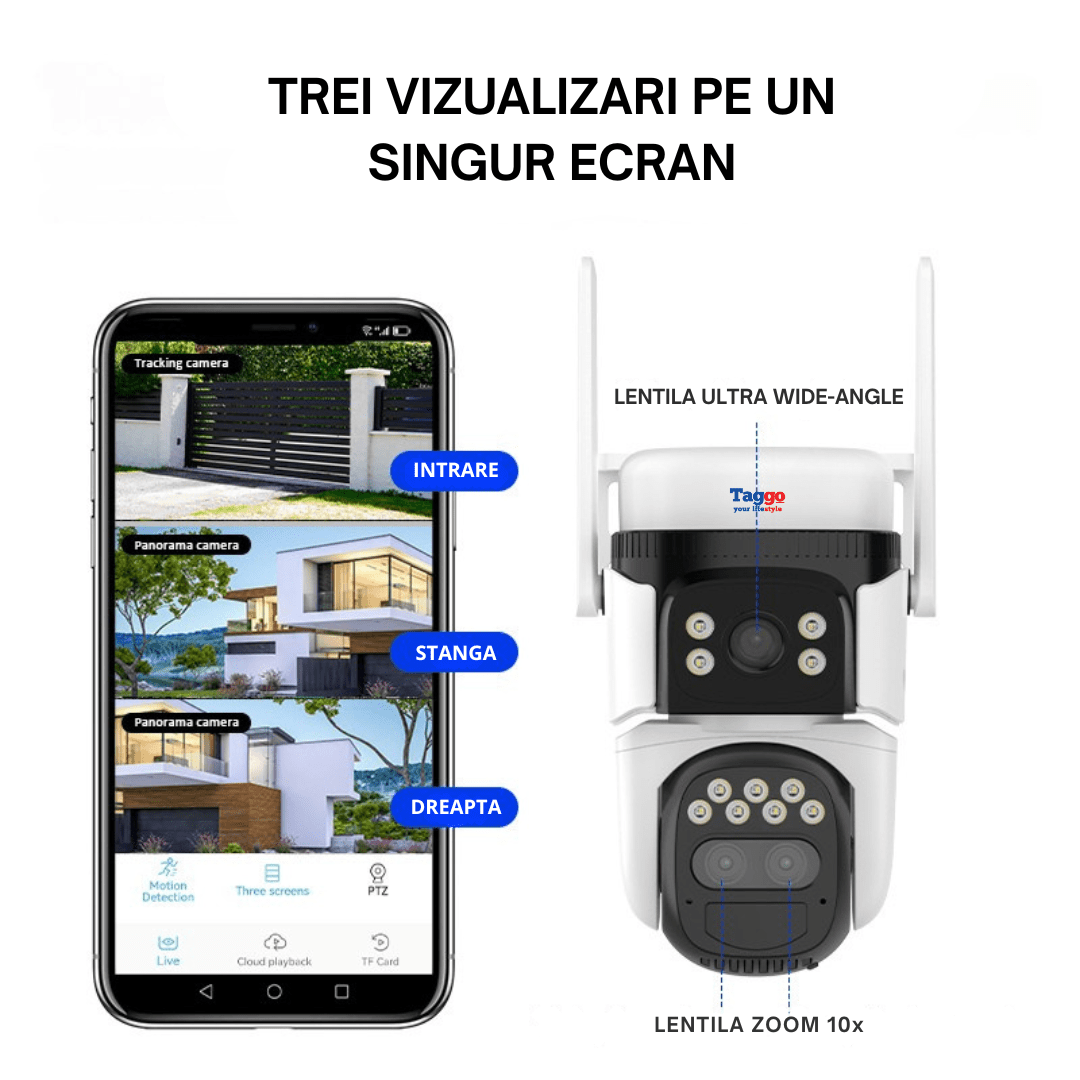 Camera supraveghere Taggo cu panou solar 4G, 12MP, PTZ 360°, lentile, zoom 10x și rezistență la apă, detectare umană.