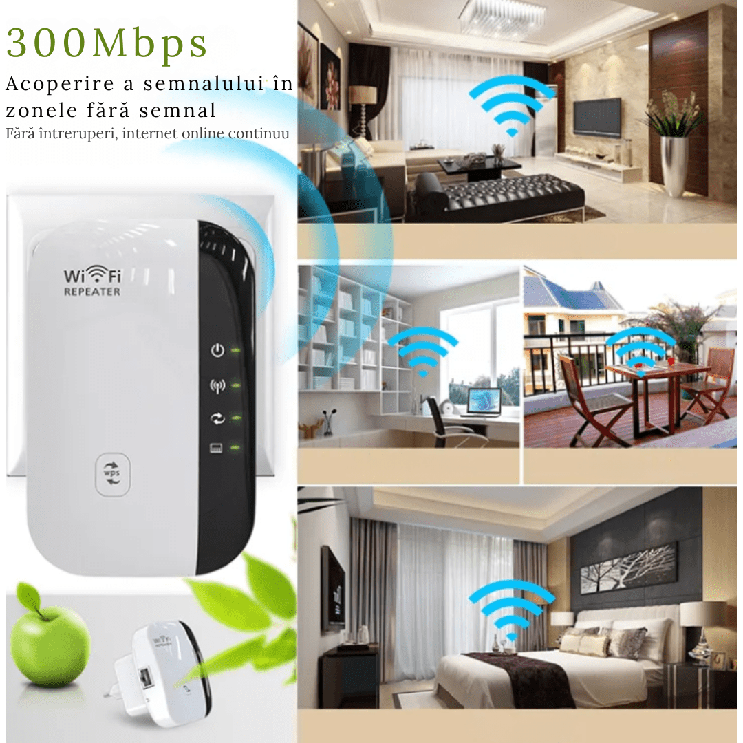 Amplificator WiFi Taggo M300 Wireless-N cu WPS, extindere semnal puternică și conectivitate rapidă pentru rețea WiFi.