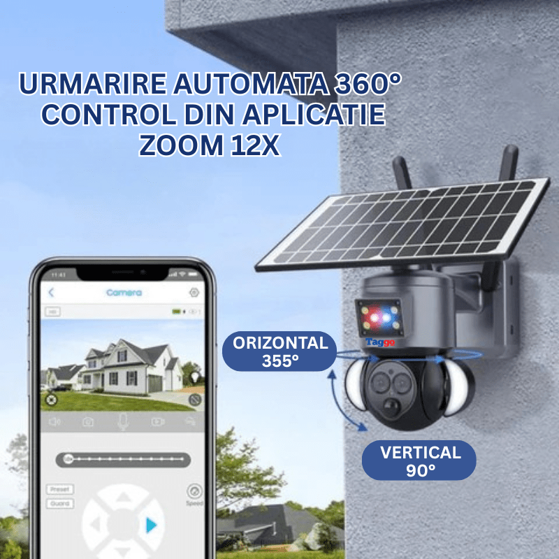 Camera supraveghere 4G 4K HD Taggo.ro cu dublu obiectiv, zoom 12X, incarcare solară și rotire din aplicație, rezistentă IP66.
