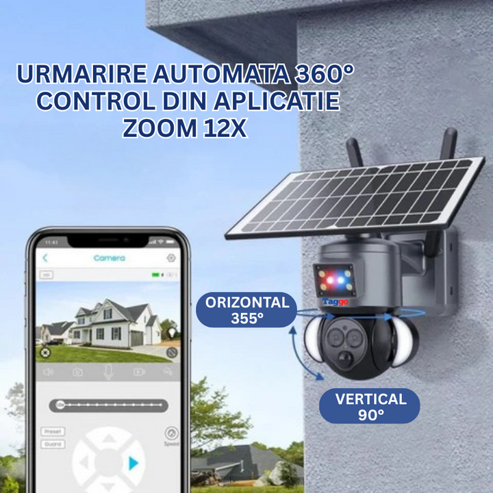 Camera Supraveghere WiFi 4K HD, Dual Lens, 12X ZOOM, Incarcare Solara, Rotire Din Aplicatie, Rezistenta La Apa IP 66 - Taggo.ro