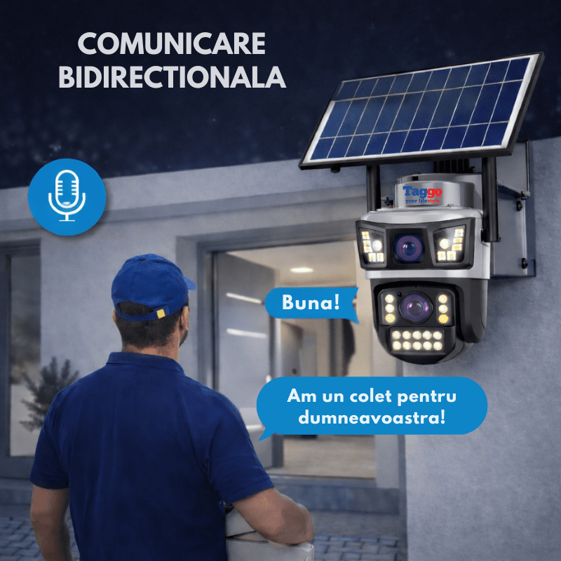Camera Supraveghere cu Panou Solar AOV pentru exterior 2 lentile, conexiune 4G, Rezolutie 4K 8MP, Full Color Noaptea, Alb - Taggo.ro