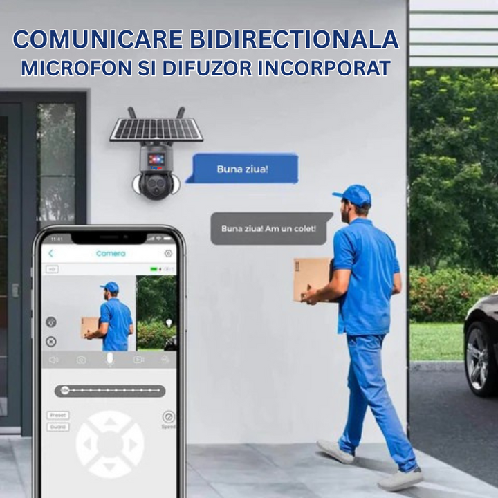 Camera Supraveghere WiFi 4K HD, Dual Lens, 12X ZOOM, Incarcare Solara, Rotire Din Aplicatie, Rezistenta La Apa IP 66 - Taggo.ro