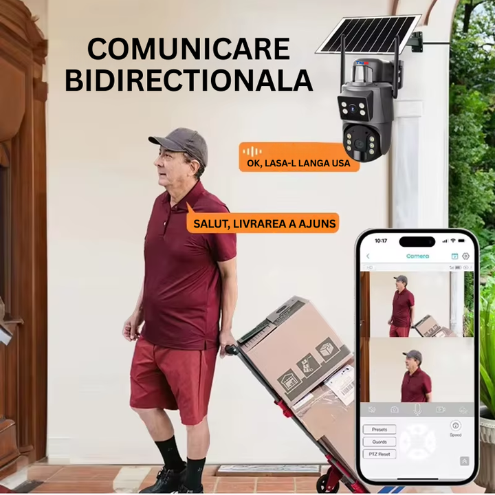 Camera Supraveghere Solara 4G 8MP Ultra HD, Panou Solar 20W, Baterie 15600mAh, PTZ 355°/90°, Zoom 4x, Audio Bidirectional, IP66 - Taggo.ro