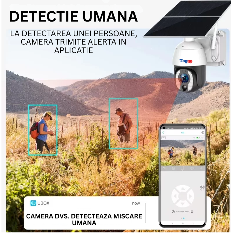 Camera de supraveghere Taggo cu panou solar, 8MP, WiFi, zoom optic 20x și comunicare bidirecțională, imagine clară și detaliată