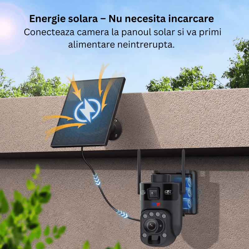 Camera de supraveghere WiFi Solara, 8MP 4K, zoom 99X, control din aplicație, viziune nocturnă color, lentile duble, neagră