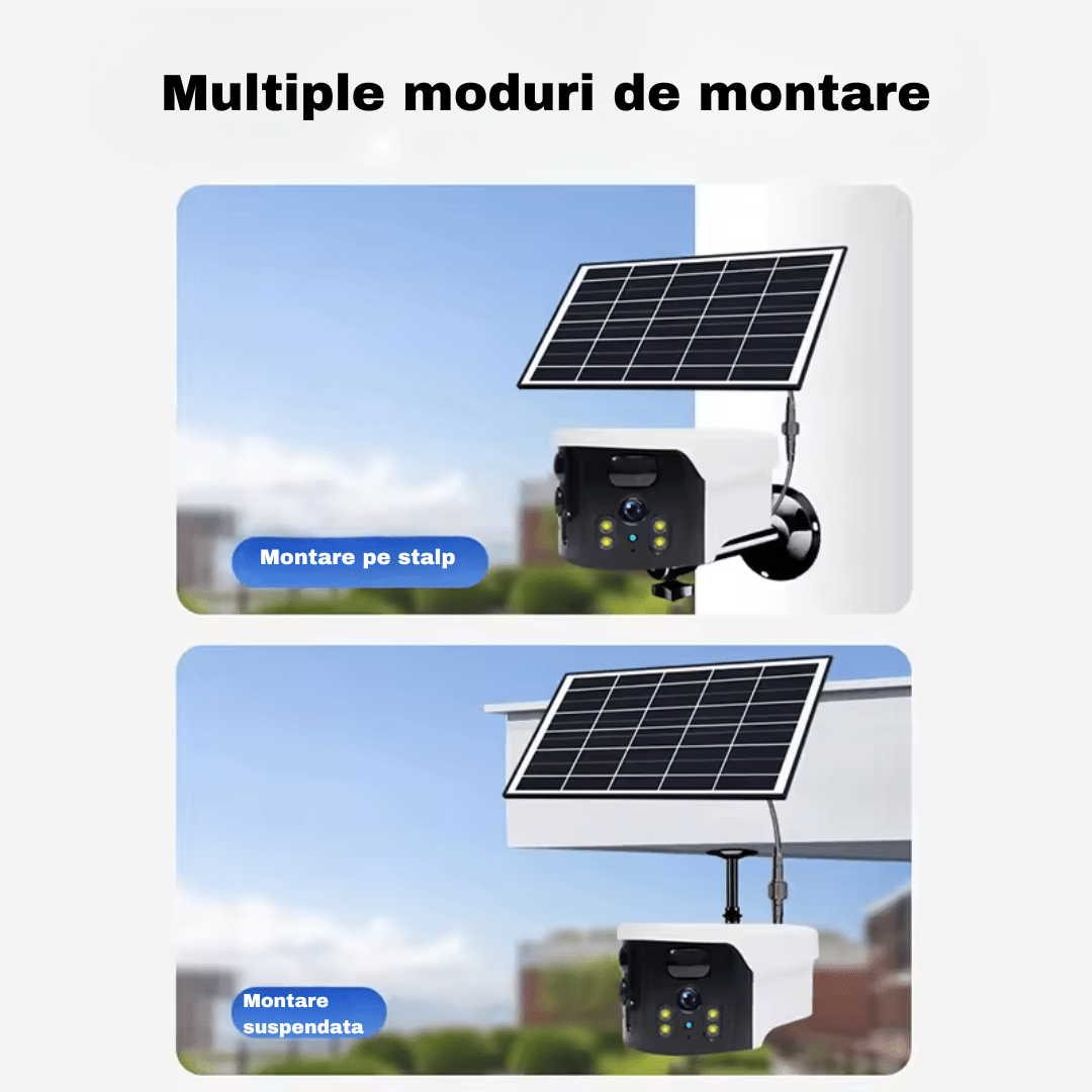 Camera supraveghere 4G Taggo.ro, 4K, 8MP, lentile dual, incarcare solară, vedere panoramică, control aplicație, IP65.