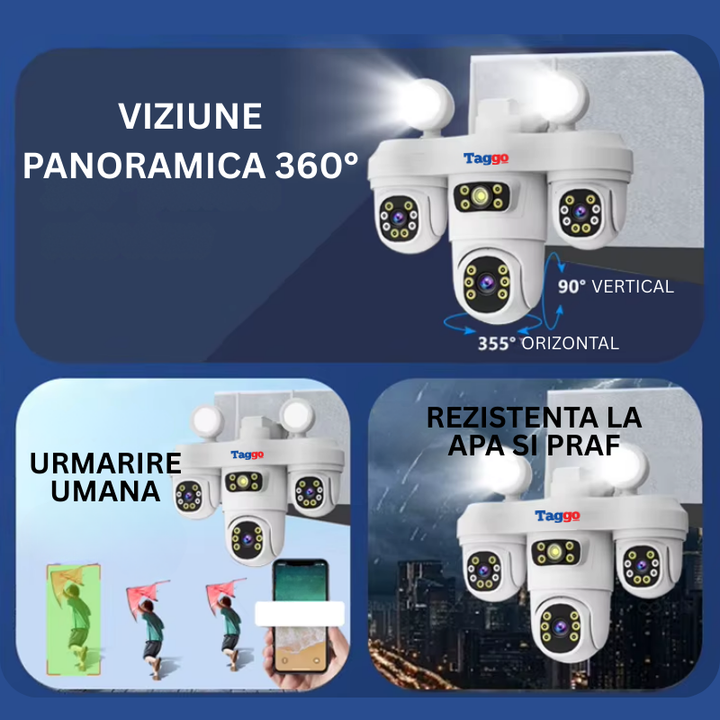 Camera Supraveghere WiFi cu 3 Lentile, 12MP, Viziune Color Noaptea, IP65, Audio Bidirectional, Urmarire Automata - Taggo.ro