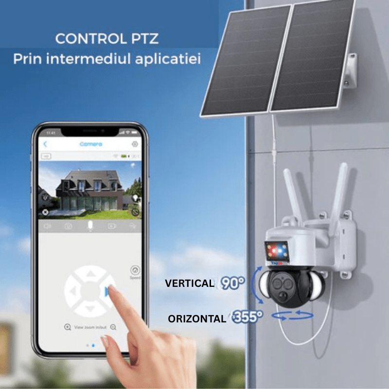 Camera de supraveghere Taggo 4K 20W cu zoom 12x, rezistență la apă IP66, alimentare solară și rotire din aplicație, FullHD.