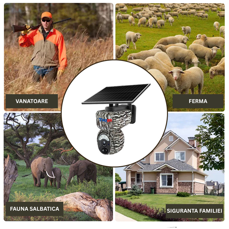Camera de vânătoare Taggo 4MP cu conexiune 4G, GPS, detectare animale și alarmă, pentru supraveghere în teren.