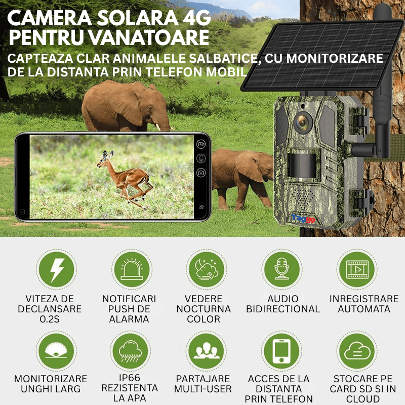 Camera de supraveghere solară 4G Taggo, 16MP foto, 4MP video, panou solar 4W, baterie 7800mAh, detectie mișcare, audio bidirecțional, IP66
