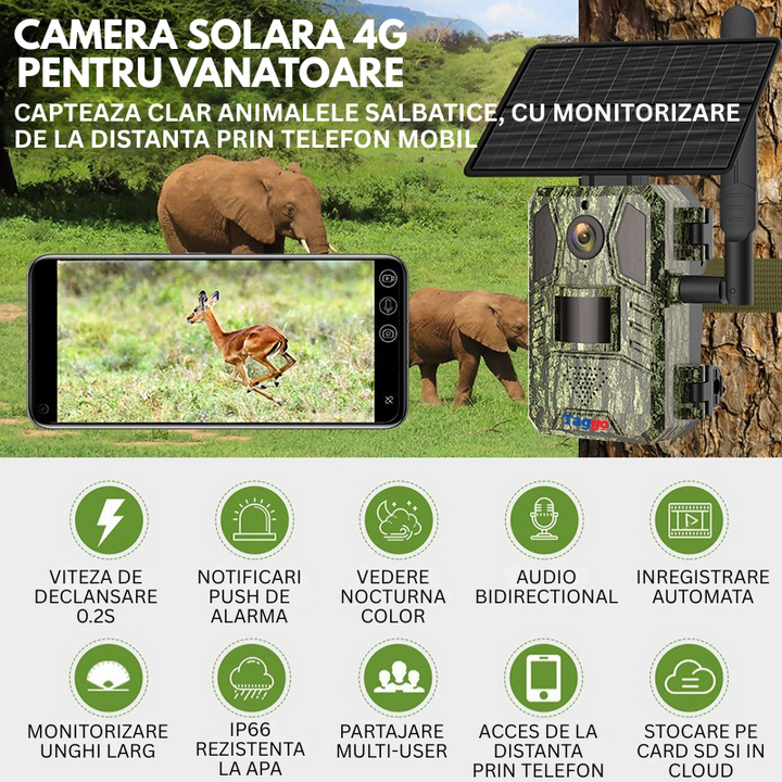Camera Supraveghere Solara 4G, 16MP Foto, 4MP Video, Panou Solar 4W, Baterie 7800mAh, Detectie Miscarе, Audio Bidirectional, IP66 - Taggo.ro