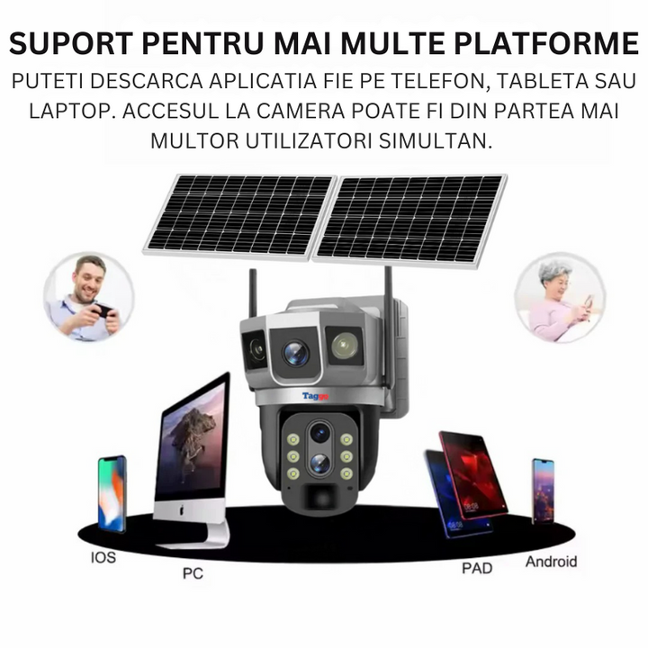 Camera Supraveghere Solara 4G 4K Ultra HD, Zoom 10X, Panou 10W, Rotire Din Aplicatie, Rezistenta La Apa IP 66 - Taggo.ro
