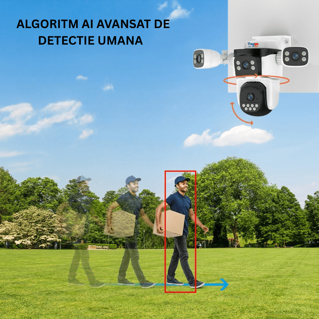 Camera de supraveghere WiFi Taggo.ro cu 12MP, patru lentile HD, vedere panoramică 360° și funcție PTZ, cu audio bidirecțional.