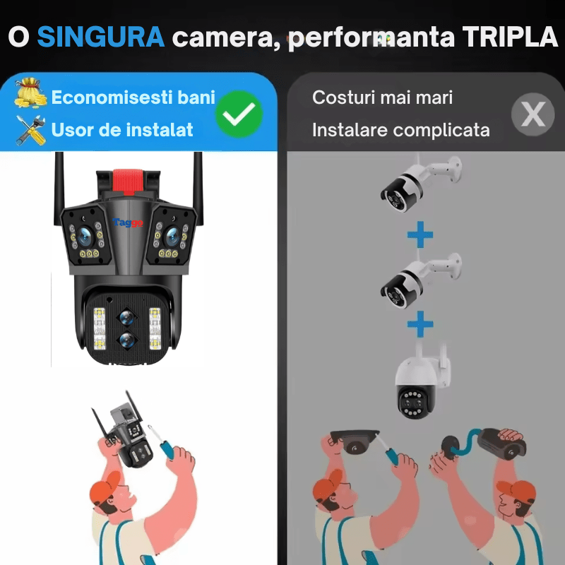 Camera de supraveghere Taggo cu zoom 10X, WIFI 8K, 16MP, 4 lentile, control din aplicație și urmărire automată.