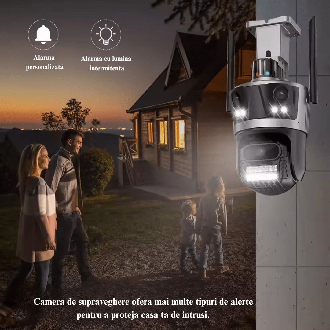 Camera de supraveghere WiFi 4K 8MP Taggo.ro, cu 3 lentile, control din aplicație, rezistentă la apă și alarmă.