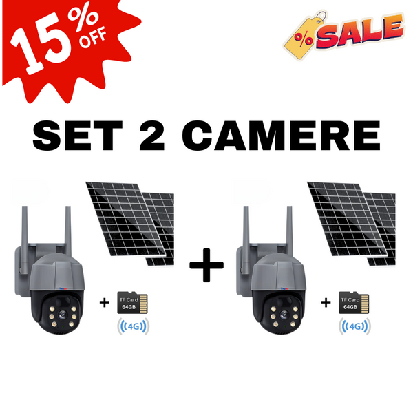 Set 2x Camere de Supraveghere Solara Exterior 4G Cartela SIM 5 MP, Zoom 10X, Full HD, Panou Solar 10W, Rezistenta La Apa IP 66 + Card 64GB