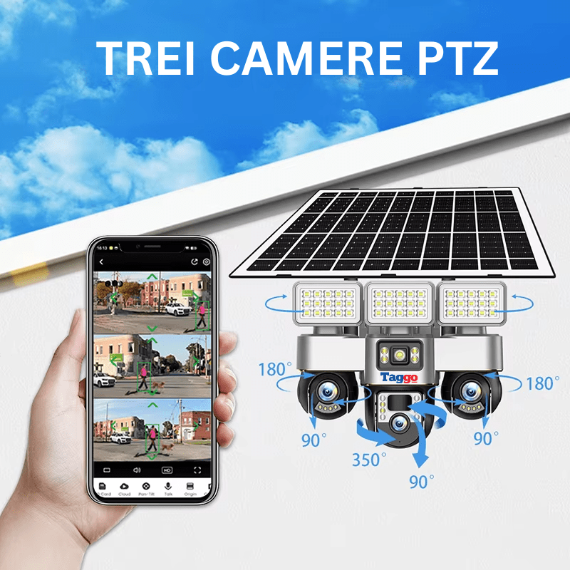 Camera de supraveghere Taggo.ro cu panou solar, 12MP, vedere nocturnă, detectare mișcare și comunicație bidirecțională, rezistent la intemperii.