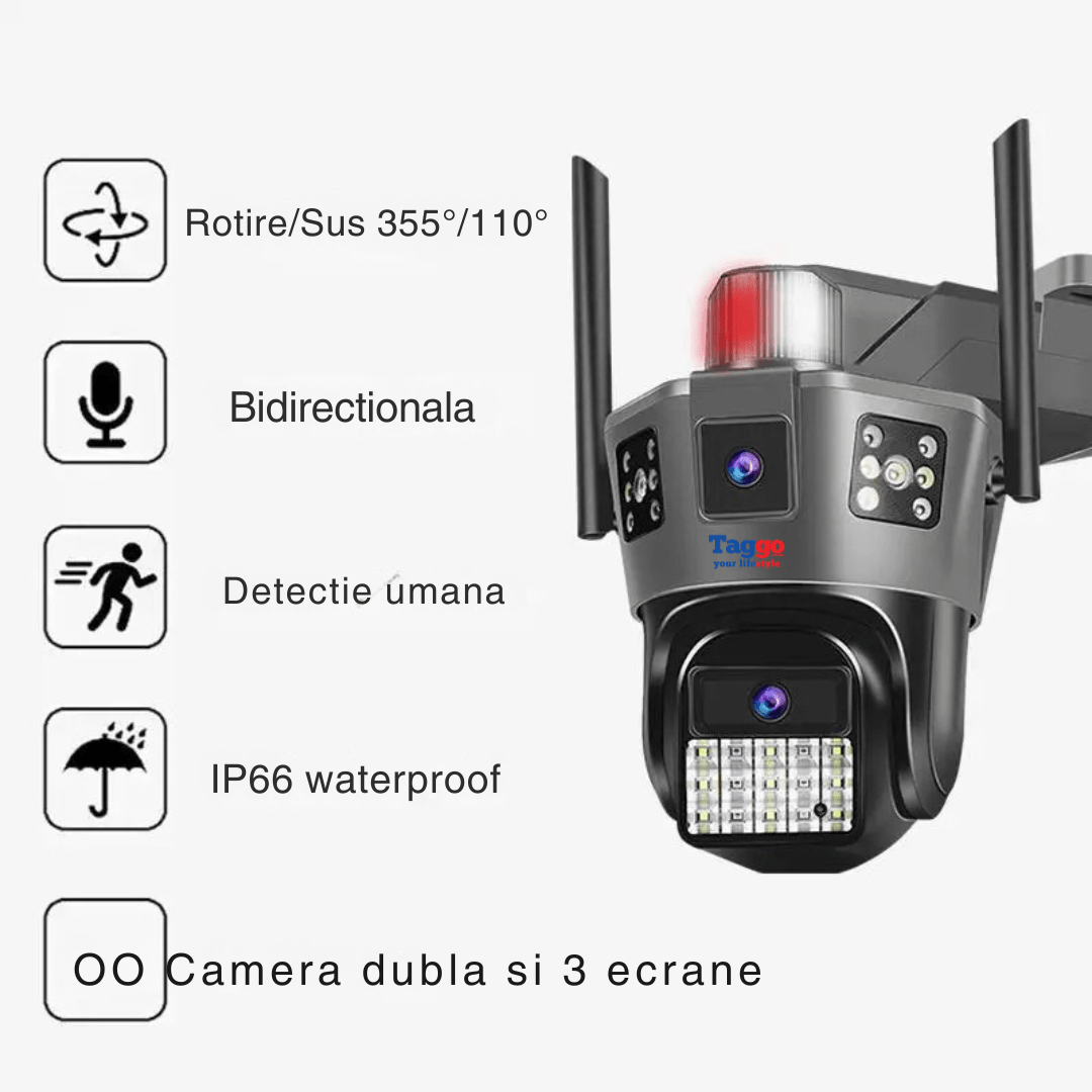 Camera de supraveghere 4G Taggo.ro cu 2 lentile, control aplicație, urmăire automată, rezistentă la apă IP66, cu cartela SIM.