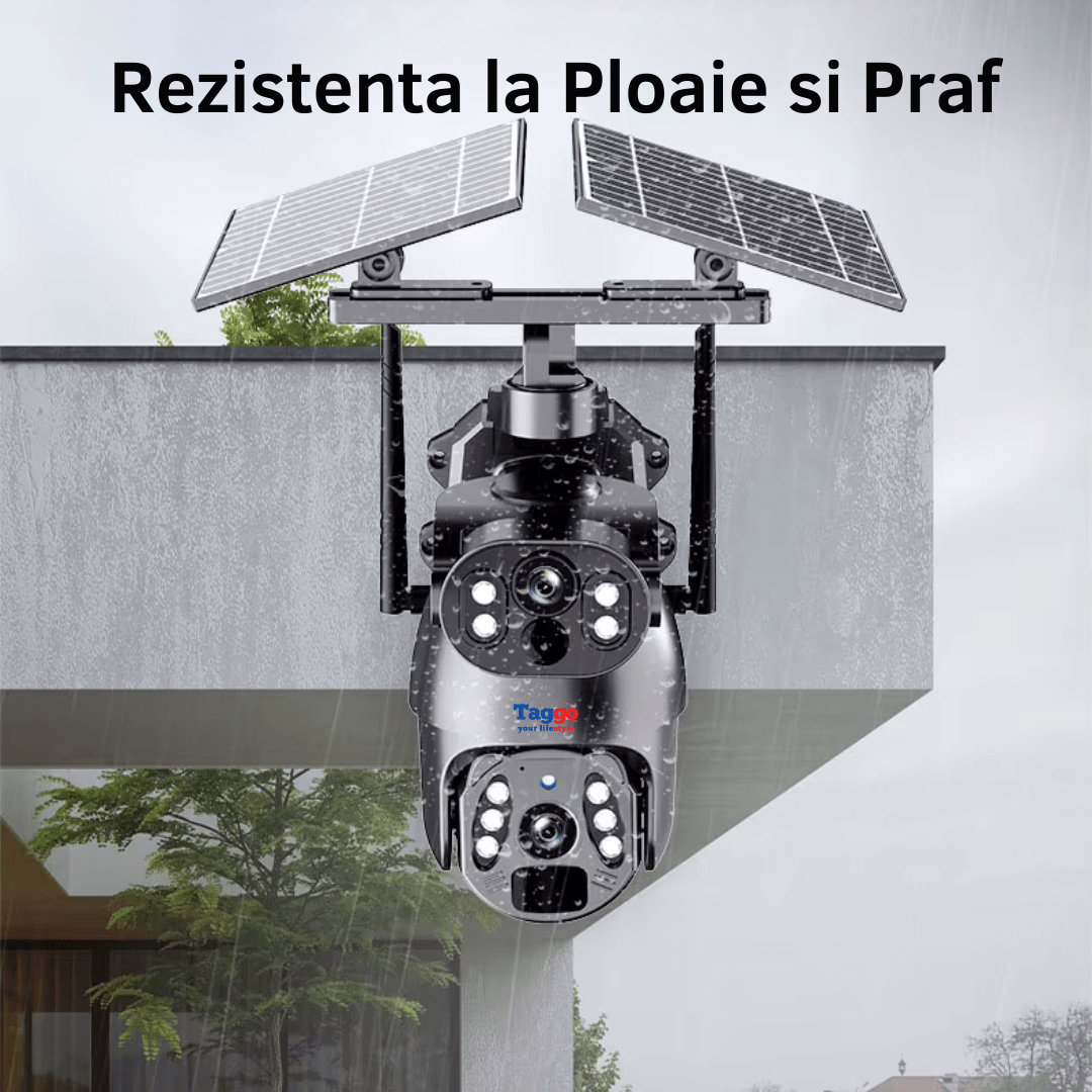 Camera supraveghere 4G Ultra HD Taggo.ro cu duală, 6MP, încărcare solară, rotire din aplicație și rezistență IP66.