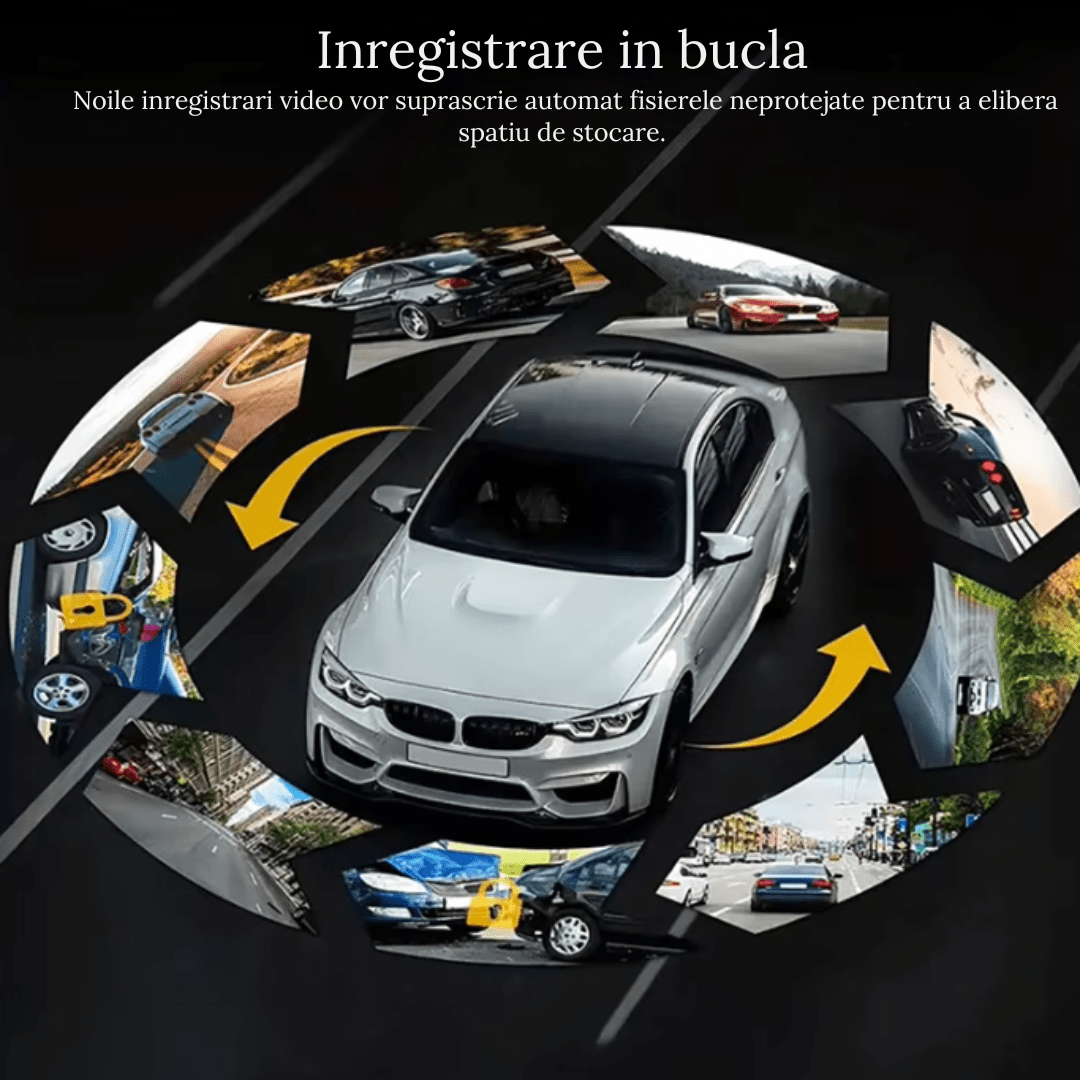 Camera auto Crocodil Taggo cu 4 lentile, vizualizare 360°, vedere nocturnă și înregistrare în buclă pentru monitorizare auto.
