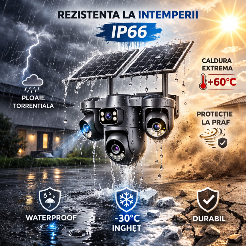 Camera de supraveghere 4G Taggo.ro cu panou solar, 12MP, 4 lentile, funcție AOV, comunicare bidirecțională și detectie AI.