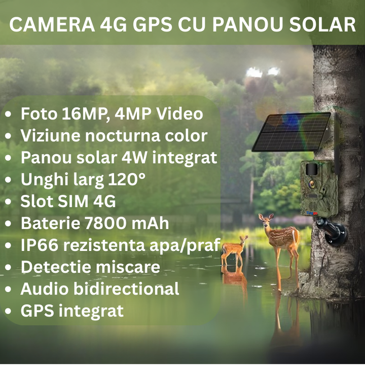 Camera Supraveghere Solara 4G cu GPS, 16MP Foto, 4MP Video, Panou Solar 4W, Baterie 7800mAh, Detectie Miscarе, Audio Bidirectional, IP65 - Taggo.ro