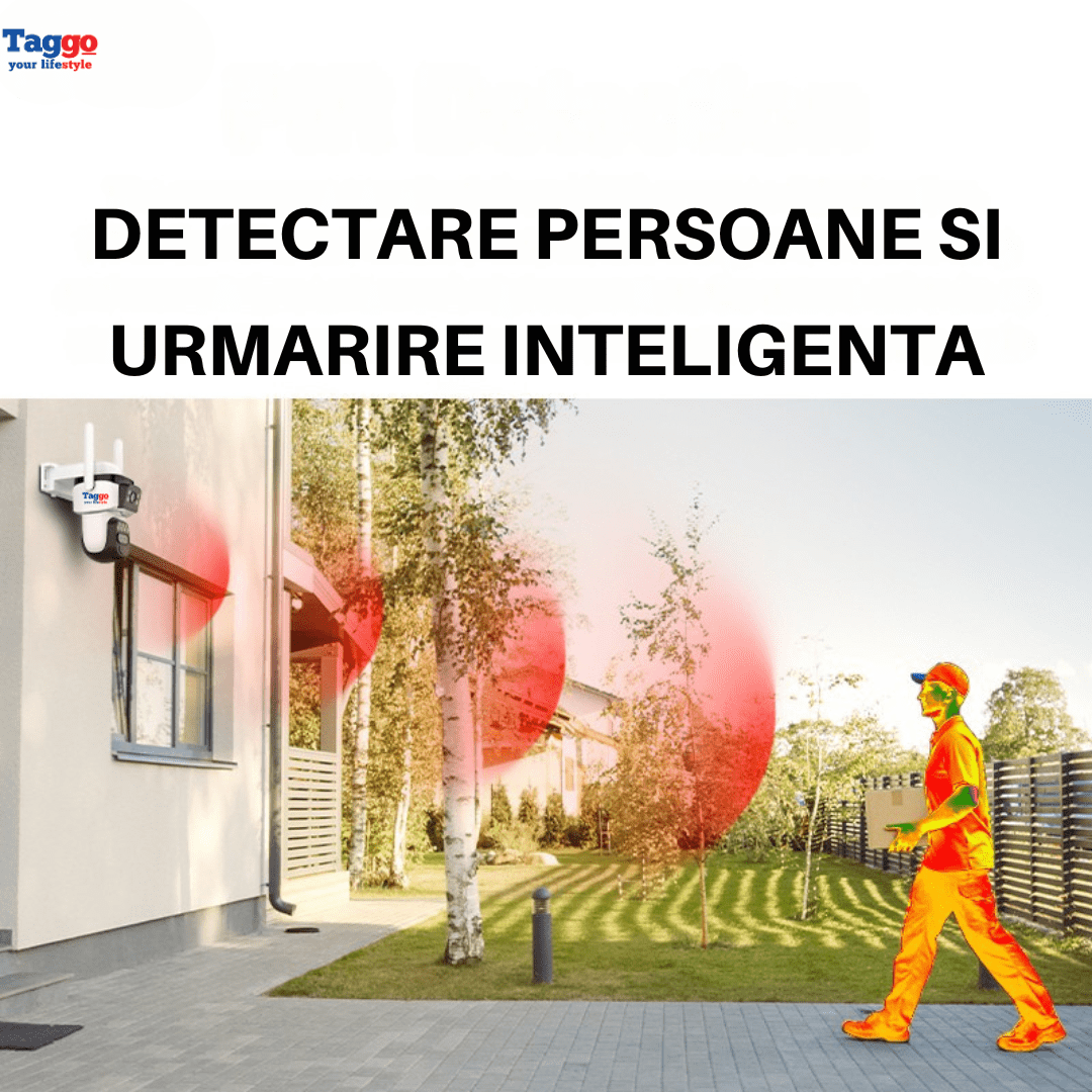 Camera supraveghere Taggo.ro cu panou solar, 12MP, PTZ 360°, 3 lentile, zoom 10X și rezistență la apă.