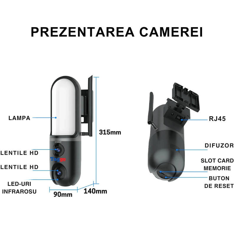 Camera de supraveghere Taggo cu LED, WIFI, două lentile, viziune nocturnă color și comunicare bidirecțională