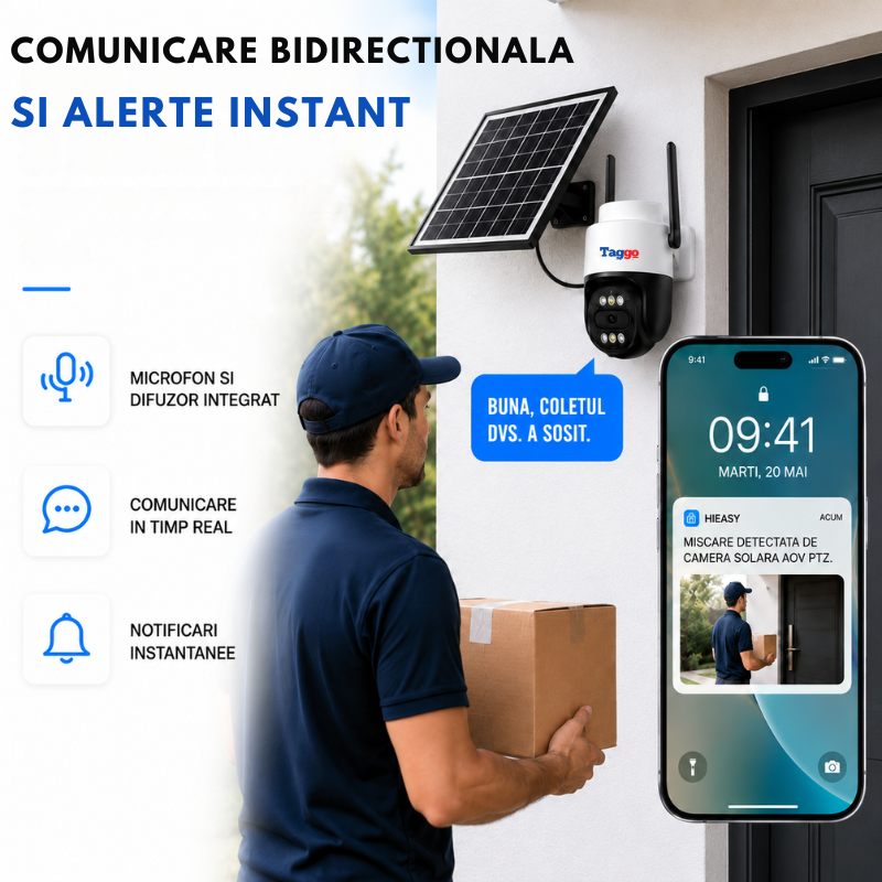 Camera de supraveghere P60 4G Taggo cu panou solar 10W, rezoluție 5MP și funcție PTZ, pentru securitate exterior