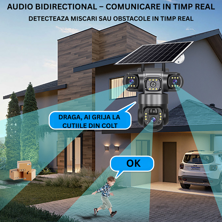 Camera Supraveghere cu Panou Solar, Conexiune 4G Cartela SIM, 9MP, 3 Lentile, Comunicare Bidirectionala - Taggo.ro