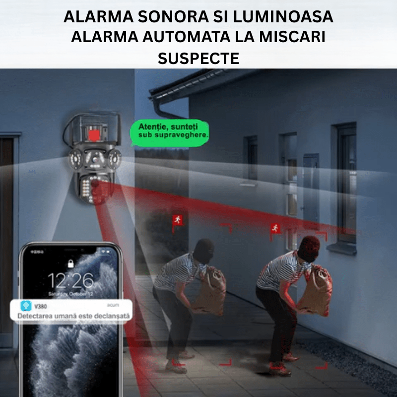 Camera de supraveghere WIFI Taggo cu zoom 10X, rezoluție 4K, detectare umană, urmărire automată și carcasă IP66.