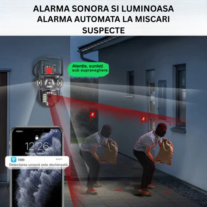 Camera de supraveghere WIFI, Zoom 10X, 3 Ecrane, Rezolutie 4K, Detectie umana, Urmarire automata, IP66 - Taggo.ro