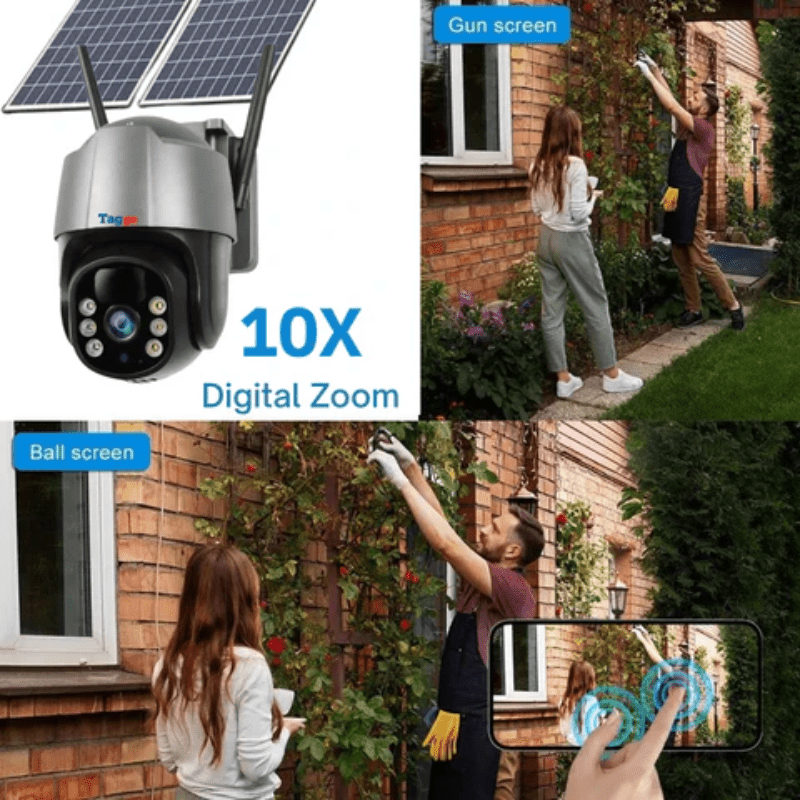 Camera de supraveghere exterior Taggo 5 MP, zoom 10X, Full HD, panou solar 10W, rezistentă la apă IP66, card 64GB