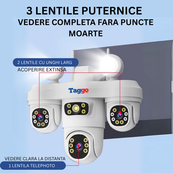 Camera Supraveghere WiFi cu 3 Lentile, 12MP, Viziune Color Noaptea, IP65, Audio Bidirectional, Urmarire Automata - Taggo.ro