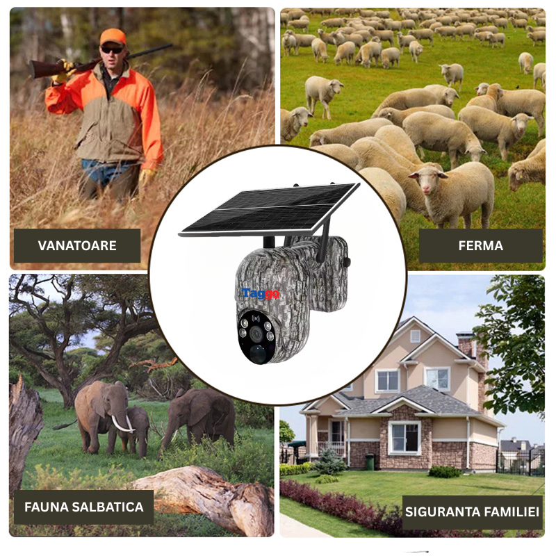 Camera de supraveghere Taggo.ro, camuflaj, 4G, 4MP, detectare animale, comunicare bidirecțională și alarmă.
