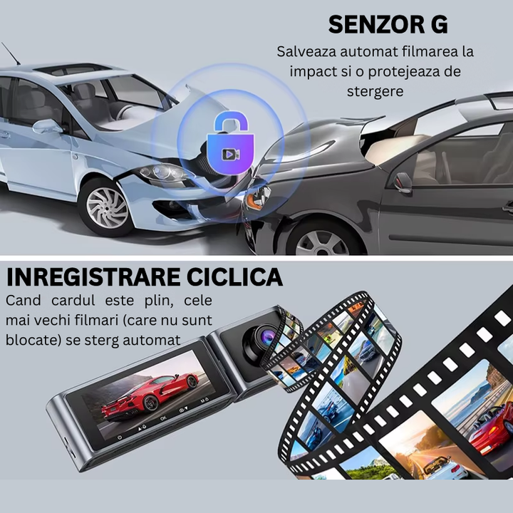 Camera Auto Dubla- Fata si Interior 4K, Cartela SIM 4G, Functionare 24/24, Viziune Nocturna, Comunicare Bidirectionala, GPS - Taggo.ro